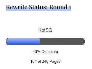 Rewrite Status: Round 1 progress bar, showing 104 of 240 pages revised, 43% complete