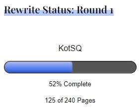 Rewrite Status Round 1, showing a progress bar at 52% Complete, 125 of 240 pages