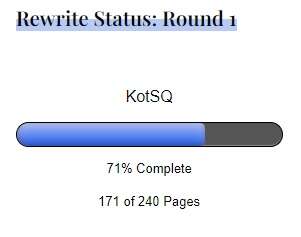 Rewrite Status: Round 1 progress bar for Kiss of the Shadow Queen, showing 171 of 240 pages, 71% through