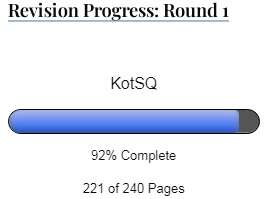 Revision Progress, Round 1, KotSQ. Progress bar showing 221 of 240 pages, 92% complete.