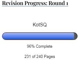 Revision Progress Round 1. Progress bar showing 231 of 240 pages, 96% complete.