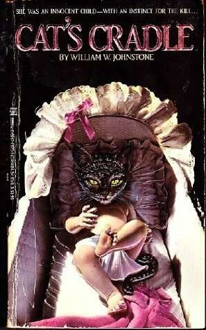 Cover of Cat's Cradle. A bassinet with white eyelet trim and pink ribbons, in which lies a diapered human infant with the head and tail of a black cat.