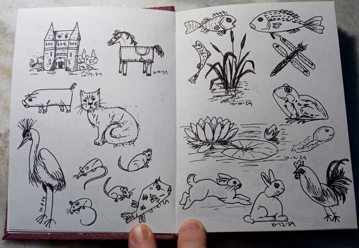 Sketches in a notebook, including a castle, a cat that looks like it's fallen on hard times, some excellent cattails, and a couple of disastrously proportioned rabbits.