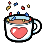 Bouncy coffee mug with confetti falling into it.