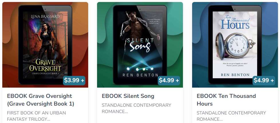 A row of offerings from my Ko-Fi shop with tablets displaying book covers against color-coordinated backgrounds