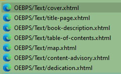 List of files in the front matter of an epub template: cover, title page, book description, table of contents, map, content advisory, and dedication.