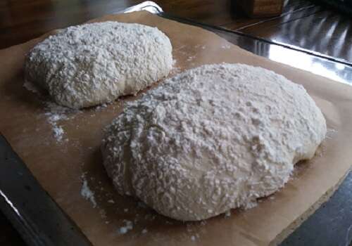 Two lumps of bread dough, liberally covered with flour, rising on parchment