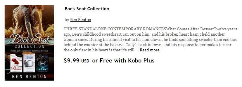 Kobo Listing for the Back Seat Collection by Ren Benton. The price is $9.99 or Free with Kobo Plus.