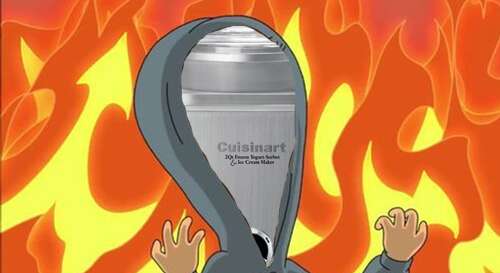 Louise Belcher laughing maniacally against a background of flames, but her face has been replaced by a Cuisinart ice cream maker