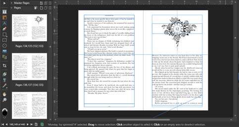 Affinity Publisher working space showing interior layout of a book. In the main panel, the left page is text. The right page has an embellished chapter heading followed by resumption of text. A side panel shows multiple 2-page spreads.