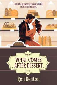 Cartoon man and woman embracing behind a bakery counter. Primarily shades of pink and purple.